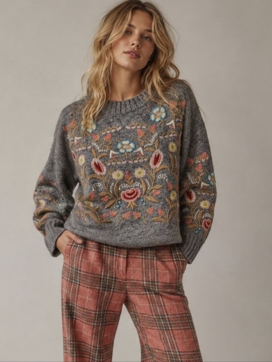 Aratta Silent Journey Sweaters - Anthropologie Aratta Silent Journey Embroidered Sweater Grey Floral Sz Small